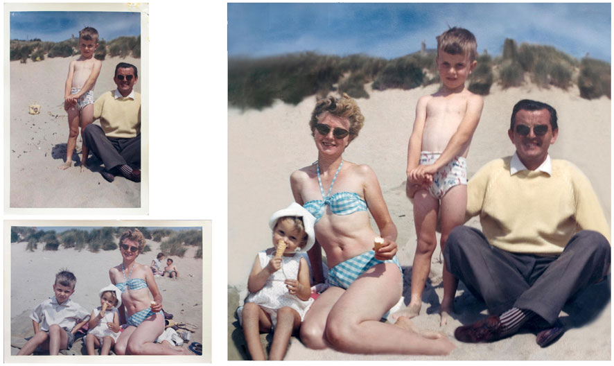 This is a composite image of the two pictures taken by Mum and Dad of us all on the beach. I think Dad was a better photographer because Mum didn’t notice she had cut off Dad’s other leg. The scale, colour balance and alignment of the dunes had to be adjusted on the final image as well as removed additional people who weren’t really required