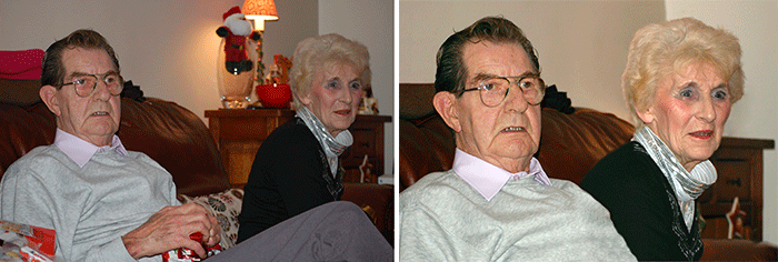 The original photo and then the retouched version with the cluttered background tidied up and the couple moved closer together